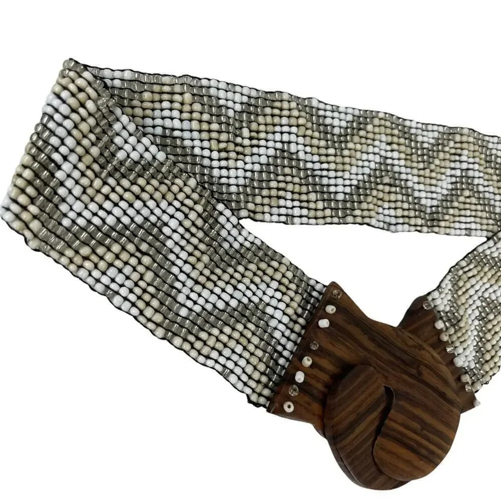 Vintage Hand-made Boho Belt Stretchy Beaded Bali Belt with Wooden Hook Buckle